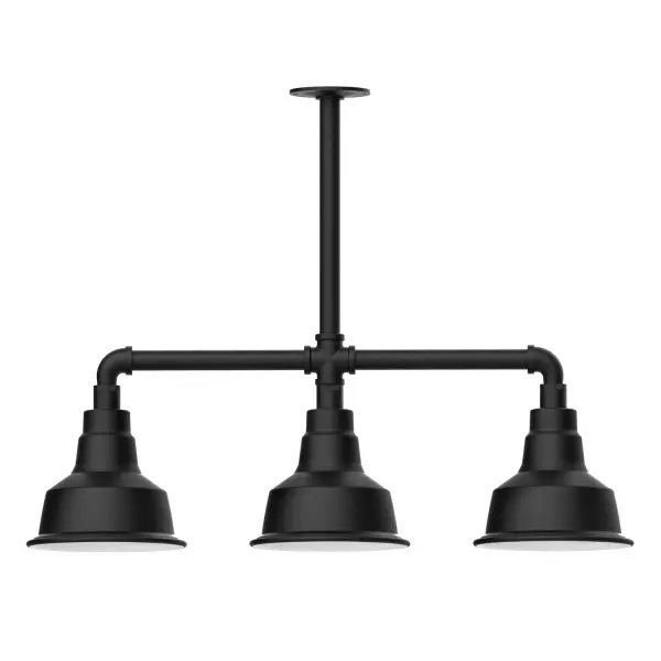 Maximize your light output with our 3-Light Multi-Light Stem Hung Pendants. Illuminate an outdoor or indoor kitchen island or dining table, this industrial look works well in both commercial and residential applications. The Warehouse shade is our most popular shade style, and we offer in a large variety of sizes. Collection: Warehouse Finish: Black Glass: 8 inch Warehouse Notes: Option (3) A19 LED and 1-Integrated 8W Width: 8.25" Height: 21.75" Length: 30.88" Weight: 25.00 lb Canopy: 4.125" diameter Number of Bulbs: 2 Maximum Wattage: 100.00 W Bulb Type: A19 Bulb Base: E26 Medium Light Source: Incandescent or LED equivalent Dimmable Voltage: 120.00 V Country of Origin: US Safety Listing: UL/cUL Safety Rating: Wet Dark Sky LED Manufacturer Warranty: 1-year limited warranty on the fixture.