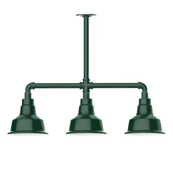 Maximize your light output with our 3-Light Multi-Light Stem Hung Pendants. Illuminate an outdoor or indoor kitchen island or dining table, this industrial look works well in both commercial and residential applications. The Warehouse shade is our most popular shade style, and we offer in a large variety of sizes. Collection: Warehouse Finish: Forest Green Glass: 8 inch Warehouse Notes: Option (3) A19 LED and 1-Integrated 8W Width: 8.25" Height: 21.75" Length: 30.88" Weight: 25.00 lb Canopy: 4.125" diameter Number of Bulbs: 2 Maximum Wattage: 100.00 W Bulb Type: A19 Bulb Base: E26 Medium Light Source: Incandescent or LED equivalent Dimmable Voltage: 120.00 V Country of Origin: US Safety Listing: UL/cUL Safety Rating: Wet Dark Sky LED Manufacturer Warranty: 1-year limited warranty on the fixture.