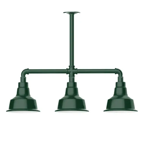 Maximize your light output with our 3-Light Multi-Light Stem Hung Pendants. Illuminate an outdoor or indoor kitchen island or dining table, this industrial look works well in both commercial and residential applications. The Warehouse shade is our most popular shade style, and we offer in a large variety of sizes. Collection: Warehouse Finish: Forest Green Glass: 8 inch Warehouse Notes: Option (3) A19 LED and 1-Integrated 8W Width: 8.25" Height: 21.75" Length: 30.88" Weight: 25.00 lb Canopy: 4.125" diameter Number of Bulbs: 2 Maximum Wattage: 100.00 W Bulb Type: A19 Bulb Base: E26 Medium Light Source: Incandescent or LED equivalent Dimmable Voltage: 120.00 V Country of Origin: US Safety Listing: UL/cUL Safety Rating: Wet Dark Sky LED Manufacturer Warranty: 1-year limited warranty on the fixture.