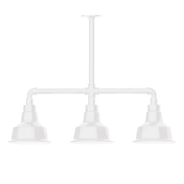 Maximize your light output with our 3-Light Multi-Light Stem Hung Pendants. Illuminate an outdoor or indoor kitchen island or dining table, this industrial look works well in both commercial and residential applications. The Warehouse shade is our most popular shade style, and we offer in a large variety of sizes. Collection: Warehouse Finish: White Glass: 8 inch Warehouse Notes: Option (3) A19 LED and 1-Integrated 8W Width: 8.25" Height: 21.75" Length: 30.88" Weight: 25.00 lb Canopy: 4.125" diameter Number of Bulbs: 2 Maximum Wattage: 100.00 W Bulb Type: A19 Bulb Base: E26 Medium Light Source: Incandescent or LED equivalent Dimmable Voltage: 120.00 V Country of Origin: US Safety Listing: UL/cUL Safety Rating: Wet Dark Sky LED Manufacturer Warranty: 1-year limited warranty on the fixture.