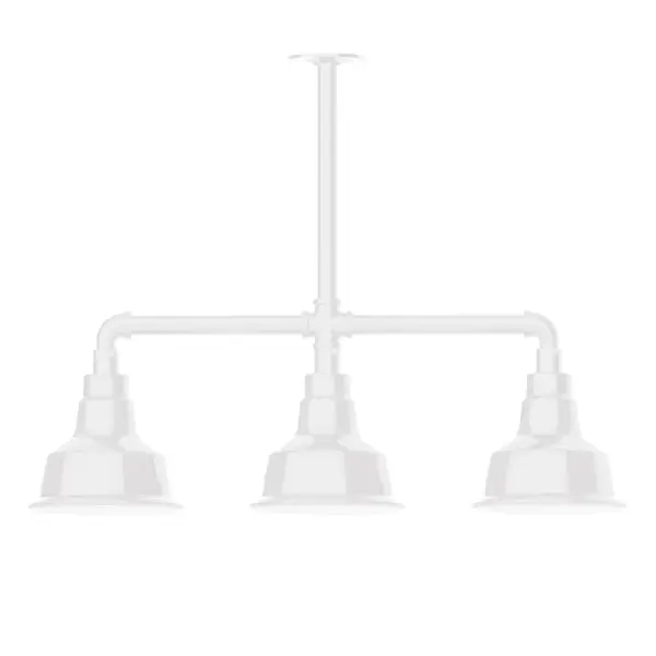 Maximize your light output with our 3-Light Multi-Light Stem Hung Pendants. Illuminate an outdoor or indoor kitchen island or dining table, this industrial look works well in both commercial and residential applications. The Warehouse shade is our most popular shade style, and we offer in a large variety of sizes. Collection: Warehouse Finish: White Glass: 8 inch Warehouse Notes: Option (3) A19 LED and 1-Integrated 8W Width: 8.25" Height: 21.75" Length: 30.88" Weight: 25.00 lb Canopy: 4.125" diameter Number of Bulbs: 2 Maximum Wattage: 100.00 W Bulb Type: A19 Bulb Base: E26 Medium Light Source: Incandescent or LED equivalent Dimmable Voltage: 120.00 V Country of Origin: US Safety Listing: UL/cUL Safety Rating: Wet Dark Sky LED Manufacturer Warranty: 1-year limited warranty on the fixture.