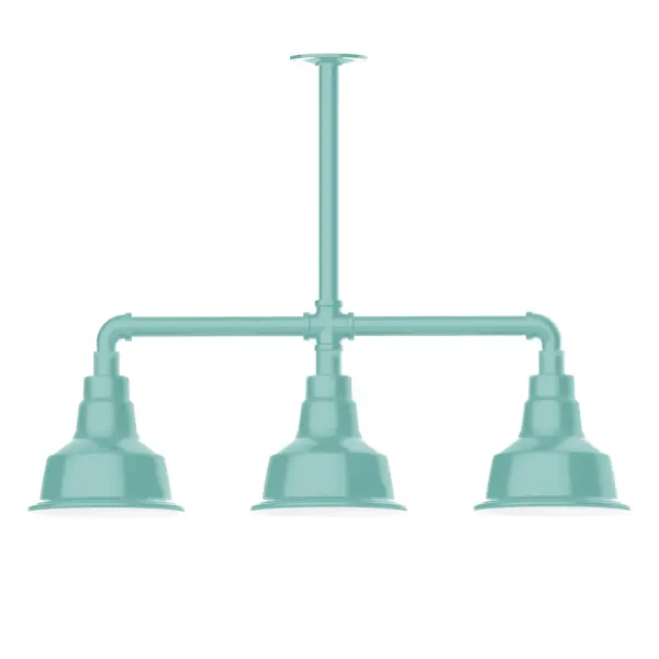 Maximize your light output with our 3-Light Multi-Light Stem Hung Pendants. Illuminate an outdoor or indoor kitchen island or dining table, this industrial look works well in both commercial and residential applications. The Warehouse shade is our most popular shade style, and we offer in a large variety of sizes. Collection: Warehouse Finish: Sea Green Glass: 8 inch Warehouse Notes: Option (3) A19 LED and 1-Integrated 8W Width: 8.25" Height: 21.75" Length: 30.88" Weight: 25.00 lb Canopy: 4.125" diameter Number of Bulbs: 2 Maximum Wattage: 100.00 W Bulb Type: A19 Bulb Base: E26 Medium Light Source: Incandescent or LED equivalent Dimmable Voltage: 120.00 V Country of Origin: US Safety Listing: UL/cUL Safety Rating: Wet Dark Sky LED Manufacturer Warranty: 1-year limited warranty on the fixture.