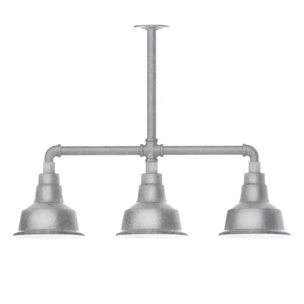 Maximize your light output with our 3-Light Multi-Light Stem Hung Pendants. Illuminate an outdoor or indoor kitchen island or dining table, this industrial look works well in both commercial and residential applications. The Warehouse shade is our most popular shade style, and we offer in a large variety of sizes. Collection: Warehouse Finish: Painted Galvanized Glass: 8 inch Warehouse Notes: Option (3) A19 LED and 1-Integrated 8W Width: 8.25" Height: 21.75" Length: 30.88" Weight: 25.00 lb Canopy: 4.125" diameter Number of Bulbs: 2 Maximum Wattage: 100.00 W Bulb Type: A19 Bulb Base: E26 Medium Light Source: Incandescent or LED equivalent Dimmable Voltage: 120.00 V Country of Origin: US Safety Listing: UL/cUL Safety Rating: Wet Dark Sky LED Manufacturer Warranty: 1-year limited warranty on the fixture.