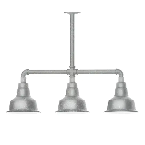 Maximize your light output with our 3-Light Multi-Light Stem Hung Pendants. Illuminate an outdoor or indoor kitchen island or dining table, this industrial look works well in both commercial and residential applications. The Warehouse shade is our most popular shade style, and we offer in a large variety of sizes. Collection: Warehouse Finish: Painted Galvanized Glass: 8 inch Warehouse Notes: Option (3) A19 LED and 1-Integrated 8W Width: 8.25" Height: 21.75" Length: 30.88" Weight: 25.00 lb Canopy: 4.125" diameter Number of Bulbs: 2 Maximum Wattage: 100.00 W Bulb Type: A19 Bulb Base: E26 Medium Light Source: Incandescent or LED equivalent Dimmable Voltage: 120.00 V Country of Origin: US Safety Listing: UL/cUL Safety Rating: Wet Dark Sky LED Manufacturer Warranty: 1-year limited warranty on the fixture.
