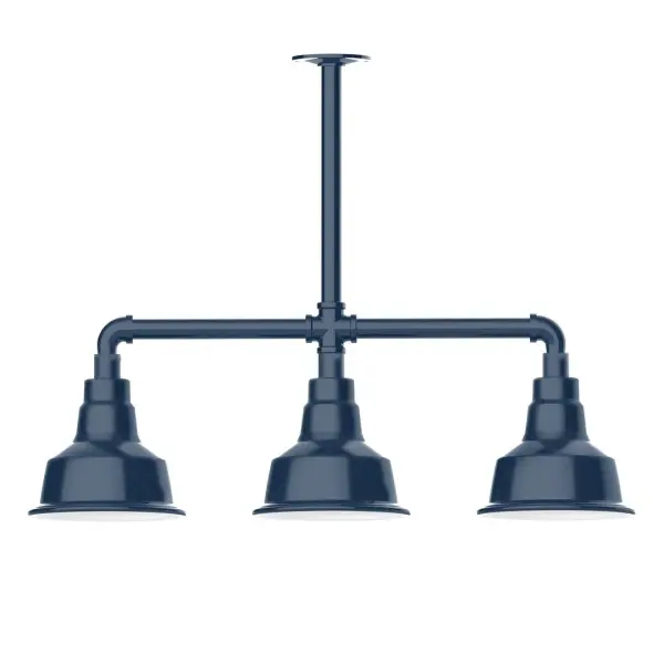 Maximize your light output with our 3-Light Multi-Light Stem Hung Pendants. Illuminate an outdoor or indoor kitchen island or dining table, this industrial look works well in both commercial and residential applications. The Warehouse shade is our most popular shade style, and we offer in a large variety of sizes. Collection: Warehouse Finish: Navy Glass: 8 inch Warehouse Notes: Option (3) A19 LED and 1-Integrated 8W Width: 8.25" Height: 21.75" Length: 30.88" Weight: 25.00 lb Canopy: 4.125" diameter Number of Bulbs: 2 Maximum Wattage: 100.00 W Bulb Type: A19 Bulb Base: E26 Medium Light Source: Incandescent or LED equivalent Dimmable Voltage: 120.00 V Country of Origin: US Safety Listing: UL/cUL Safety Rating: Wet Dark Sky LED Manufacturer Warranty: 1-year limited warranty on the fixture.