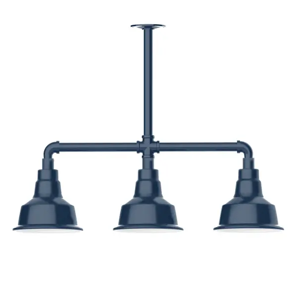 Maximize your light output with our 3-Light Multi-Light Stem Hung Pendants. Illuminate an outdoor or indoor kitchen island or dining table, this industrial look works well in both commercial and residential applications. The Warehouse shade is our most popular shade style, and we offer in a large variety of sizes. Collection: Warehouse Finish: Navy Glass: 8 inch Warehouse Notes: Option (3) A19 LED and 1-Integrated 8W Width: 8.25" Height: 21.75" Length: 30.88" Weight: 25.00 lb Canopy: 4.125" diameter Number of Bulbs: 2 Maximum Wattage: 100.00 W Bulb Type: A19 Bulb Base: E26 Medium Light Source: Incandescent or LED equivalent Dimmable Voltage: 120.00 V Country of Origin: US Safety Listing: UL/cUL Safety Rating: Wet Dark Sky LED Manufacturer Warranty: 1-year limited warranty on the fixture.