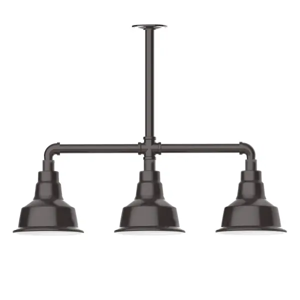 Maximize your light output with our 3-Light Multi-Light Stem Hung Pendants. Illuminate an outdoor or indoor kitchen island or dining table, this industrial look works well in both commercial and residential applications. The Warehouse shade is our most popular shade style, and we offer in a large variety of sizes. Collection: Warehouse Finish: Architectural Bronze Glass: 8 inch Warehouse Notes: Option (3) A19 LED and 1-Integrated 8W Width: 8.25" Height: 21.75" Length: 30.88" Weight: 25.00 lb Canopy: 4.125" diameter Number of Bulbs: 2 Maximum Wattage: 100.00 W Bulb Type: A19 Bulb Base: E26 Medium Light Source: Incandescent or LED equivalent Dimmable Voltage: 120.00 V Country of Origin: US Safety Listing: UL/cUL Safety Rating: Wet Dark Sky LED Manufacturer Warranty: 1-year limited warranty on the fixture.