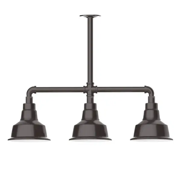 Maximize your light output with our 3-Light Multi-Light Stem Hung Pendants. Illuminate an outdoor or indoor kitchen island or dining table, this industrial look works well in both commercial and residential applications. The Warehouse shade is our most popular shade style, and we offer in a large variety of sizes. Collection: Warehouse Finish: Architectural Bronze Glass: 8 inch Warehouse Notes: Option (3) A19 LED and 1-Integrated 8W Width: 8.25" Height: 21.75" Length: 30.88" Weight: 25.00 lb Canopy: 4.125" diameter Number of Bulbs: 2 Maximum Wattage: 100.00 W Bulb Type: A19 Bulb Base: E26 Medium Light Source: Incandescent or LED equivalent Dimmable Voltage: 120.00 V Country of Origin: US Safety Listing: UL/cUL Safety Rating: Wet Dark Sky LED Manufacturer Warranty: 1-year limited warranty on the fixture.