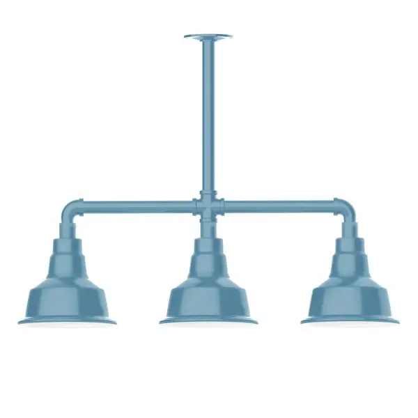 Maximize your light output with our 3-Light Multi-Light Stem Hung Pendants. Illuminate an outdoor or indoor kitchen island or dining table, this industrial look works well in both commercial and residential applications. The Warehouse shade is our most popular shade style, and we offer in a large variety of sizes. Collection: Warehouse Finish: Light Blue Glass: 8 inch Warehouse Notes: Option (3) A19 LED and 1-Integrated 8W Width: 8.25" Height: 21.75" Length: 30.88" Weight: 25.00 lb Canopy: 4.125" diameter Number of Bulbs: 2 Maximum Wattage: 100.00 W Bulb Type: A19 Bulb Base: E26 Medium Light Source: Incandescent or LED equivalent Dimmable Voltage: 120.00 V Country of Origin: US Safety Listing: UL/cUL Safety Rating: Wet Dark Sky LED Manufacturer Warranty: 1-year limited warranty on the fixture.