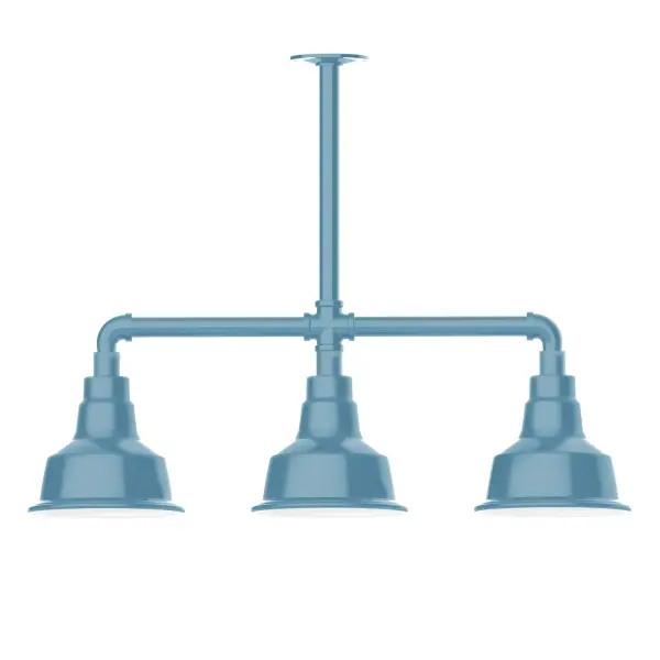 Maximize your light output with our 3-Light Multi-Light Stem Hung Pendants. Illuminate an outdoor or indoor kitchen island or dining table, this industrial look works well in both commercial and residential applications. The Warehouse shade is our most popular shade style, and we offer in a large variety of sizes. Collection: Warehouse Finish: Light Blue Glass: 8 inch Warehouse Notes: Option (3) A19 LED and 1-Integrated 8W Width: 8.25" Height: 21.75" Length: 30.88" Weight: 25.00 lb Canopy: 4.125" diameter Number of Bulbs: 2 Maximum Wattage: 100.00 W Bulb Type: A19 Bulb Base: E26 Medium Light Source: Incandescent or LED equivalent Dimmable Voltage: 120.00 V Country of Origin: US Safety Listing: UL/cUL Safety Rating: Wet Dark Sky LED Manufacturer Warranty: 1-year limited warranty on the fixture.