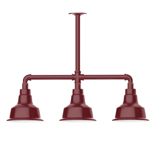 Maximize your light output with our 3-Light Multi-Light Stem Hung Pendants. Illuminate an outdoor or indoor kitchen island or dining table, this industrial look works well in both commercial and residential applications. The Warehouse shade is our most popular shade style, and we offer in a large variety of sizes. Collection: Warehouse Finish: Barn Red Glass: 8 inch Warehouse Notes: Option (3) A19 LED and 1-Integrated 8W Width: 8.25" Height: 21.75" Length: 30.88" Weight: 25.00 lb Canopy: 4.125" diameter Number of Bulbs: 2 Maximum Wattage: 100.00 W Bulb Type: A19 Bulb Base: E26 Medium Light Source: Incandescent or LED equivalent Dimmable Voltage: 120.00 V Country of Origin: US Safety Listing: UL/cUL Safety Rating: Wet Dark Sky LED Manufacturer Warranty: 1-year limited warranty on the fixture.