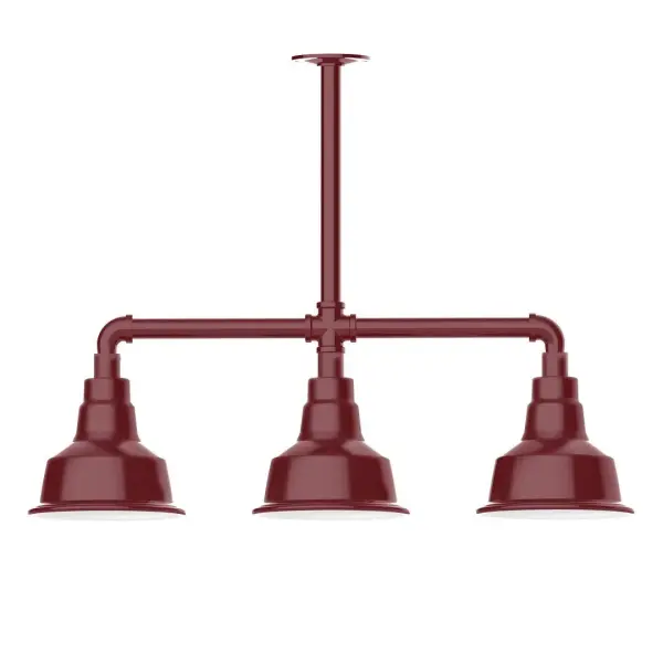 Maximize your light output with our 3-Light Multi-Light Stem Hung Pendants. Illuminate an outdoor or indoor kitchen island or dining table, this industrial look works well in both commercial and residential applications. The Warehouse shade is our most popular shade style, and we offer in a large variety of sizes. Collection: Warehouse Finish: Barn Red Glass: 8 inch Warehouse Notes: Option (3) A19 LED and 1-Integrated 8W Width: 8.25" Height: 21.75" Length: 30.88" Weight: 25.00 lb Canopy: 4.125" diameter Number of Bulbs: 2 Maximum Wattage: 100.00 W Bulb Type: A19 Bulb Base: E26 Medium Light Source: Incandescent or LED equivalent Dimmable Voltage: 120.00 V Country of Origin: US Safety Listing: UL/cUL Safety Rating: Wet Dark Sky LED Manufacturer Warranty: 1-year limited warranty on the fixture.