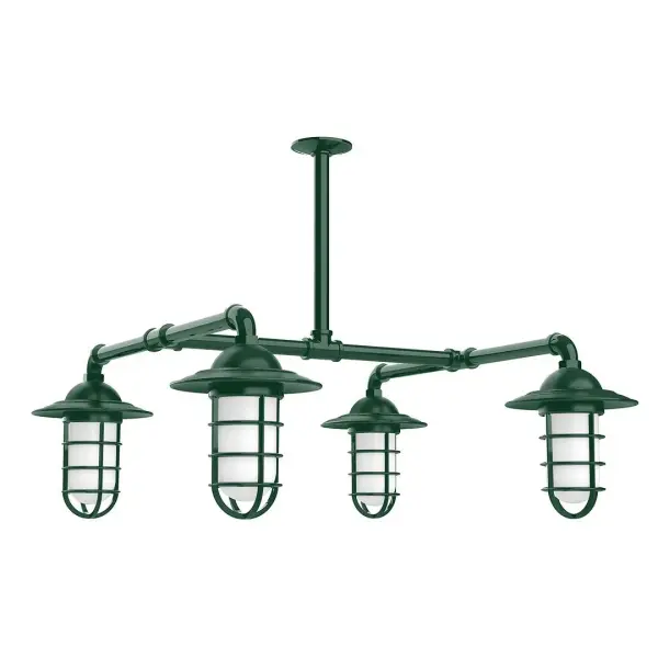 Maximize your light output with our 4-Light Multi-Light Stem Hung Pendants. Illuminate an outdoor or indoor kitchen island or dining table, this industrial look works well in both commercial and residential applications. Our weathertight glass and guard will protect your light source from damage in a storm, as well as light your way in great nautical style. Collection: Vaportite Finish: Forest Green Glass: 5 inch Vaportite Notes: Option (4) A19 LED and 1-Integrated 8W Width: 31.25" Height: 33.00" Length: 31.25" Weight: 45.00 lb Extension from Wall: 31.25" Canopy: 4.125" diameter Number of Bulbs: 4 Maximum Wattage: 100.00 W Bulb Type: A19 Bulb Base: E26 Medium Light Source: Incandescent or LED equivalent Dimmable Voltage: 120.00 V Country of Origin: US Safety Listing: UL/cUL Safety Rating: Wet Dark Sky LED Manufacturer Warranty: 1-year limited warranty on the fixture.