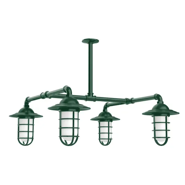 Maximize your light output with our 4-Light Multi-Light Stem Hung Pendants. Illuminate an outdoor or indoor kitchen island or dining table, this industrial look works well in both commercial and residential applications. Our weathertight glass and guard will protect your light source from damage in a storm, as well as light your way in great nautical style. Collection: Vaportite Finish: Forest Green Glass: 5 inch Vaportite Notes: Option (4) A19 LED and 1-Integrated 8W Width: 31.25" Height: 45.00" Length: 31.25" Weight: 45.00 lb Extension from Wall: 31.25" Canopy: 4.125" diameter Number of Bulbs: 4 Maximum Wattage: 100.00 W Bulb Type: A19 Bulb Base: E26 Medium Light Source: Incandescent or LED equivalent Dimmable Voltage: 120.00 V Country of Origin: US Safety Listing: UL/cUL Safety Rating: Wet Dark Sky LED Manufacturer Warranty: 1-year limited warranty on the fixture.