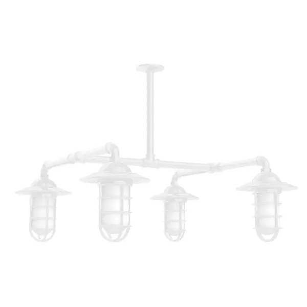 Maximize your light output with our 4-Light Multi-Light Stem Hung Pendants. Illuminate an outdoor or indoor kitchen island or dining table, this industrial look works well in both commercial and residential applications. Our weathertight glass and guard will protect your light source from damage in a storm, as well as light your way in great nautical style. Collection: Vaportite Finish: White Glass: 5 inch Vaportite Notes: Option (4) A19 LED and 1-Integrated 8W Width: 31.25" Height: 39.00" Length: 31.25" Weight: 45.00 lb Extension from Wall: 31.25" Canopy: 4.125" diameter Number of Bulbs: 4 Maximum Wattage: 100.00 W Bulb Type: A19 Bulb Base: E26 Medium Light Source: Incandescent or LED equivalent Dimmable Voltage: 120.00 V Country of Origin: US Safety Listing: UL/cUL Safety Rating: Wet Dark Sky LED Manufacturer Warranty: 1-year limited warranty on the fixture.