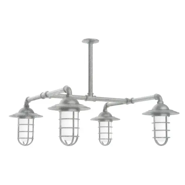 Maximize your light output with our 4-Light Multi-Light Stem Hung Pendants. Illuminate an outdoor or indoor kitchen island or dining table, this industrial look works well in both commercial and residential applications. Our weathertight glass and guard will protect your light source from damage in a storm, as well as light your way in great nautical style. Collection: Vaportite Finish: Painted Galvanized Glass: 5 inch Vaportite Notes: Option (4) A19 LED and 1-Integrated 8W Width: 31.25" Height: 33.00" Length: 31.25" Weight: 45.00 lb Extension from Wall: 31.25" Canopy: 4.125" diameter Number of Bulbs: 4 Maximum Wattage: 100.00 W Bulb Type: A19 Bulb Base: E26 Medium Light Source: Incandescent or LED equivalent Dimmable Voltage: 120.00 V Country of Origin: US Safety Listing: UL/cUL Safety Rating: Wet Dark Sky LED Manufacturer Warranty: 1-year limited warranty on the fixture.