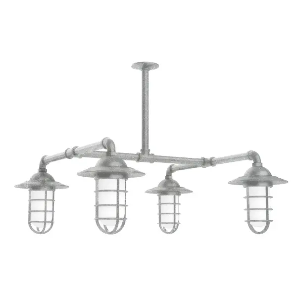 Maximize your light output with our 4-Light Multi-Light Stem Hung Pendants. Illuminate an outdoor or indoor kitchen island or dining table, this industrial look works well in both commercial and residential applications. Our weathertight glass and guard will protect your light source from damage in a storm, as well as light your way in great nautical style. Collection: Vaportite Finish: Painted Galvanized Glass: 5 inch Vaportite Notes: Option (4) A19 LED and 1-Integrated 8W Width: 31.25" Height: 39.00" Length: 31.25" Weight: 45.00 lb Extension from Wall: 31.25" Canopy: 4.125" diameter Number of Bulbs: 4 Maximum Wattage: 100.00 W Bulb Type: A19 Bulb Base: E26 Medium Light Source: Incandescent or LED equivalent Dimmable Voltage: 120.00 V Country of Origin: US Safety Listing: UL/cUL Safety Rating: Wet Dark Sky LED Manufacturer Warranty: 1-year limited warranty on the fixture.