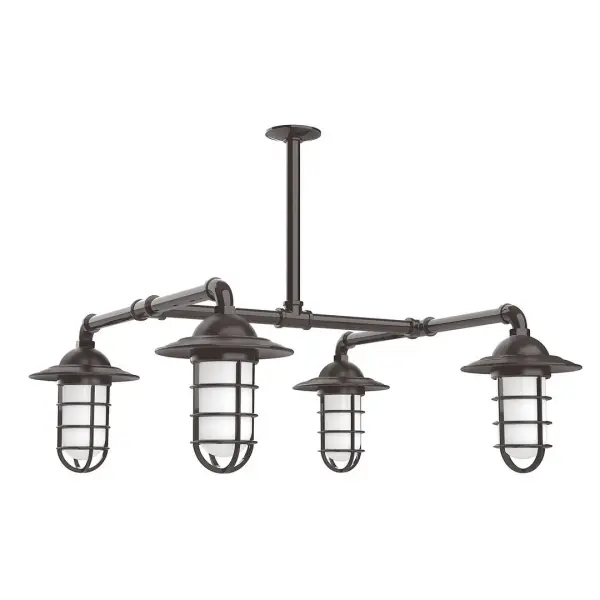 Maximize your light output with our 4-Light Multi-Light Stem Hung Pendants. Illuminate an outdoor or indoor kitchen island or dining table, this industrial look works well in both commercial and residential applications. Our weathertight glass and guard will protect your light source from damage in a storm, as well as light your way in great nautical style. Collection: Vaportite Finish: Architectural Bronze Glass: 5 inch Vaportite Notes: Option (4) A19 LED and 1-Integrated 8W Width: 31.25" Height: 33.00" Length: 31.25" Weight: 45.00 lb Extension from Wall: 31.25" Canopy: 4.125" diameter Number of Bulbs: 4 Maximum Wattage: 100.00 W Bulb Type: A19 Bulb Base: E26 Medium Light Source: Incandescent or LED equivalent Dimmable Voltage: 120.00 V Country of Origin: US Safety Listing: UL/cUL Safety Rating: Wet Dark Sky LED Manufacturer Warranty: 1-year limited warranty on the fixture.