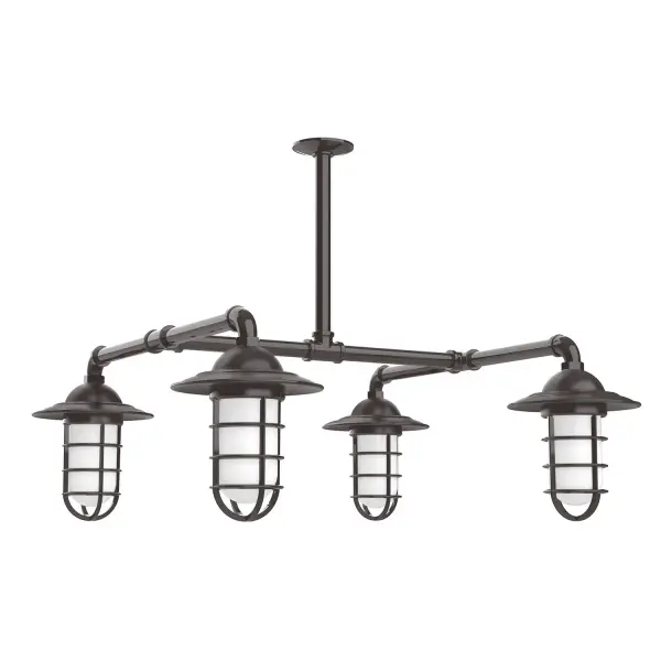 Maximize your light output with our 4-Light Multi-Light Stem Hung Pendants. Illuminate an outdoor or indoor kitchen island or dining table, this industrial look works well in both commercial and residential applications. Our weathertight glass and guard will protect your light source from damage in a storm, as well as light your way in great nautical style. Collection: Vaportite Finish: Architectural Bronze Glass: 5 inch Vaportite Notes: Option (4) A19 LED and 1-Integrated 8W Width: 31.25" Height: 45.00" Length: 31.25" Weight: 45.00 lb Extension from Wall: 31.25" Canopy: 4.125" diameter Number of Bulbs: 4 Maximum Wattage: 100.00 W Bulb Type: A19 Bulb Base: E26 Medium Light Source: Incandescent or LED equivalent Dimmable Voltage: 120.00 V Country of Origin: US Safety Listing: UL/cUL Safety Rating: Wet Dark Sky LED Manufacturer Warranty: 1-year limited warranty on the fixture.