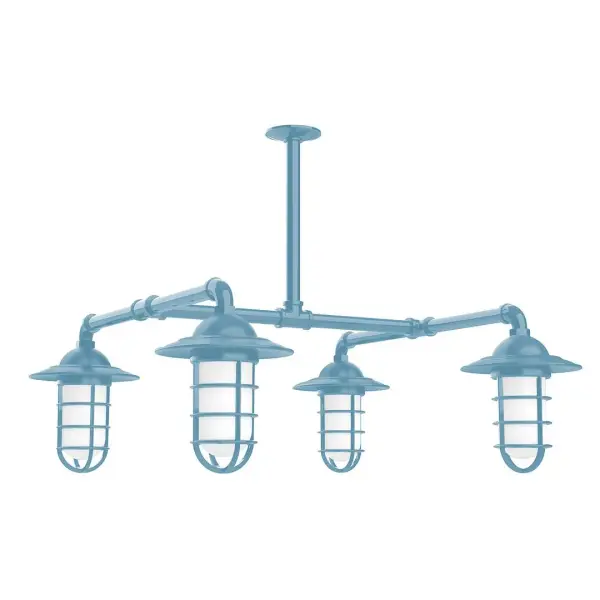 Maximize your light output with our 4-Light Multi-Light Stem Hung Pendants. Illuminate an outdoor or indoor kitchen island or dining table, this industrial look works well in both commercial and residential applications. Our weathertight glass and guard will protect your light source from damage in a storm, as well as light your way in great nautical style. Collection: Vaportite Finish: Light Blue Glass: 5 inch Vaportite Notes: Option (4) A19 LED and 1-Integrated 8W Width: 31.25" Height: 33.00" Length: 31.25" Weight: 45.00 lb Extension from Wall: 31.25" Canopy: 4.125" diameter Number of Bulbs: 4 Maximum Wattage: 100.00 W Bulb Type: A19 Bulb Base: E26 Medium Light Source: Incandescent or LED equivalent Dimmable Voltage: 120.00 V Country of Origin: US Safety Listing: UL/cUL Safety Rating: Wet Dark Sky LED Manufacturer Warranty: 1-year limited warranty on the fixture.