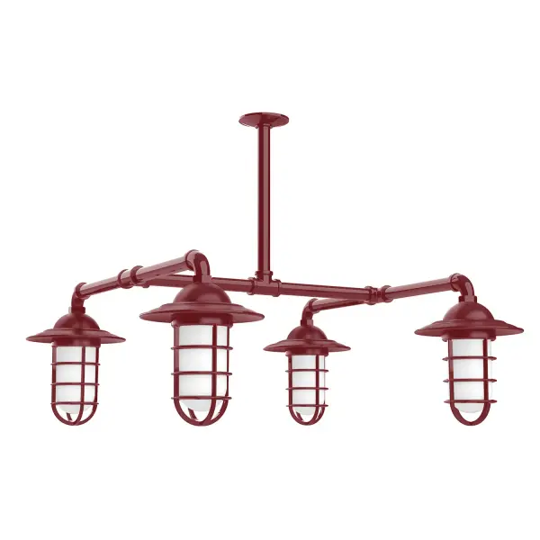 Maximize your light output with our 4-Light Multi-Light Stem Hung Pendants. Illuminate an outdoor or indoor kitchen island or dining table, this industrial look works well in both commercial and residential applications. Our weathertight glass and guard will protect your light source from damage in a storm, as well as light your way in great nautical style. Collection: Vaportite Finish: Barn Red Glass: 5 inch Vaportite Notes: Option (4) A19 LED and 1-Integrated 8W Width: 31.25" Height: 45.00" Length: 31.25" Weight: 45.00 lb Extension from Wall: 31.25" Canopy: 4.125" diameter Number of Bulbs: 4 Maximum Wattage: 100.00 W Bulb Type: A19 Bulb Base: E26 Medium Light Source: Incandescent or LED equivalent Dimmable Voltage: 120.00 V Country of Origin: US Safety Listing: UL/cUL Safety Rating: Wet Dark Sky LED Manufacturer Warranty: 1-year limited warranty on the fixture.