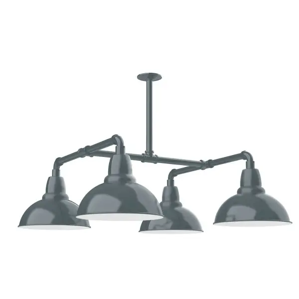Maximize your light output with our 4-Light Multi-Light Stem Hung Pendants. Illuminate an outdoor or indoor kitchen island or dining table, this industrial look works well in both commercial and residential applications. Our Cafe shades will help transform your outdoor living area into a warm and intimate gathering space. Collection: Cafe Finish: Slate Gray Glass: 12 inch Cafe Notes: Option (4) A19 LED and 2-Integrated 8W, 10W Width: 35.00" Height: 8.50" Length: 35.00" Weight: 45.00 lb Extension from Wall: 35.00" Canopy: 4.125" diameter Number of Bulbs: 4 Maximum Wattage: 100.00 W Bulb Type: A19 Bulb Base: E26 Medium Light Source: Incandescent or LED equivalent Dimmable Voltage: 120.00 V Country of Origin: US Safety Listing: UL/cUL Safety Rating: Wet Dark Sky LED Manufacturer Warranty: 1-year limited warranty on the fixture.