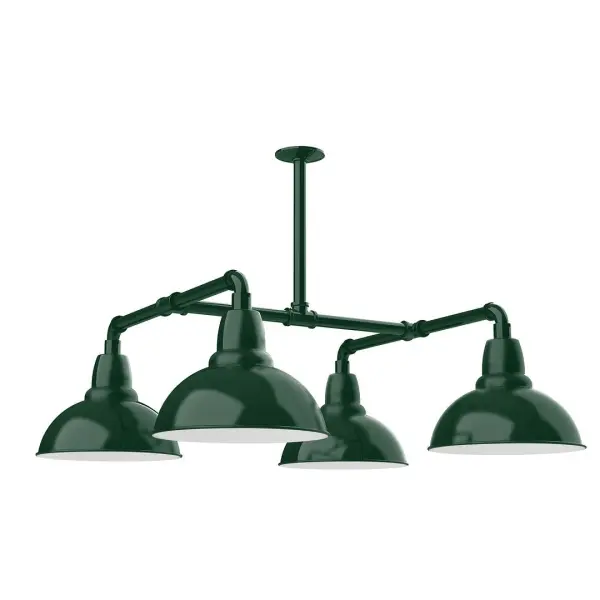 Maximize your light output with our 4-Light Multi-Light Stem Hung Pendants. Illuminate an outdoor or indoor kitchen island or dining table, this industrial look works well in both commercial and residential applications. Our Cafe shades will help transform your outdoor living area into a warm and intimate gathering space. Collection: Cafe Finish: Forest Green Glass: 12 inch Cafe Notes: Option (4) A19 LED and 2-Integrated 8W, 10W Width: 35.00" Height: 8.50" Length: 35.00" Weight: 45.00 lb Extension from Wall: 35.00" Canopy: 4.125" diameter Number of Bulbs: 4 Maximum Wattage: 100.00 W Bulb Type: A19 Bulb Base: E26 Medium Light Source: Incandescent or LED equivalent Dimmable Voltage: 120.00 V Country of Origin: US Safety Listing: UL/cUL Safety Rating: Wet Dark Sky LED Manufacturer Warranty: 1-year limited warranty on the fixture.