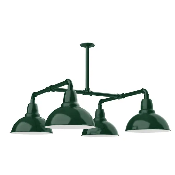 Maximize your light output with our 4-Light Multi-Light Stem Hung Pendants. Illuminate an outdoor or indoor kitchen island or dining table, this industrial look works well in both commercial and residential applications. Our Cafe shades will help transform your outdoor living area into a warm and intimate gathering space. Collection: Cafe Finish: Forest Green Glass: 12 inch Cafe Notes: Option (4) A19 LED and 2-Integrated 8W, 10W Width: 35.00" Height: 8.50" Length: 35.00" Weight: 45.00 lb Extension from Wall: 35.00" Canopy: 4.125" diameter Number of Bulbs: 4 Maximum Wattage: 100.00 W Bulb Type: A19 Bulb Base: E26 Medium Light Source: Incandescent or LED equivalent Dimmable Voltage: 120.00 V Country of Origin: US Safety Listing: UL/cUL Safety Rating: Wet Dark Sky LED Manufacturer Warranty: 1-year limited warranty on the fixture.