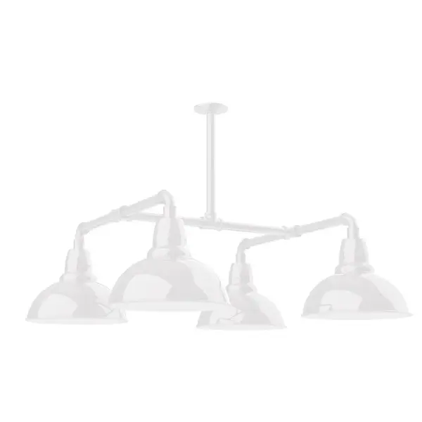 Maximize your light output with our 4-Light Multi-Light Stem Hung Pendants. Illuminate an outdoor or indoor kitchen island or dining table, this industrial look works well in both commercial and residential applications. Our Cafe shades will help transform your outdoor living area into a warm and intimate gathering space. Collection: Cafe Finish: White Glass: 12 inch Cafe Notes: Option (4) A19 LED and 2-Integrated 8W, 10W Width: 35.00" Height: 8.50" Length: 35.00" Weight: 45.00 lb Extension from Wall: 35.00" Canopy: 4.125" diameter Number of Bulbs: 4 Maximum Wattage: 100.00 W Bulb Type: A19 Bulb Base: E26 Medium Light Source: Incandescent or LED equivalent Dimmable Voltage: 120.00 V Country of Origin: US Safety Listing: UL/cUL Safety Rating: Wet Dark Sky LED Manufacturer Warranty: 1-year limited warranty on the fixture.