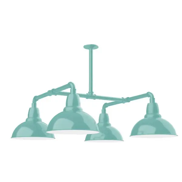 Maximize your light output with our 4-Light Multi-Light Stem Hung Pendants. Illuminate an outdoor or indoor kitchen island or dining table, this industrial look works well in both commercial and residential applications. Our Cafe shades will help transform your outdoor living area into a warm and intimate gathering space. Collection: Cafe Finish: Sea Green Glass: 12 inch Cafe Width: 35.00" Length: 35.00" Weight: 45.00 lb Extension from Wall: 35.00" Canopy: 4.125" diameter Number of Bulbs: 4 Maximum Wattage: 10.00 W Light Source: LED Light Output: 800.00 lm Color Temperature: 3000 K CRI: 90 Dimmable Rated Average Life: 50,000 Voltage: 120.00 V Country of Origin: US Safety Listing: UL/cUL Safety Rating: Wet Dark Sky LED Manufacturer Warranty: 1-year limited warranty on the fixture.