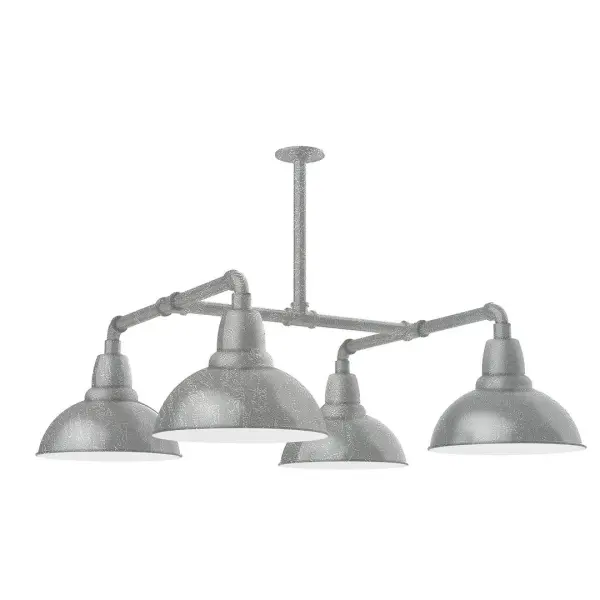 Maximize your light output with our 4-Light Multi-Light Stem Hung Pendants. Illuminate an outdoor or indoor kitchen island or dining table, this industrial look works well in both commercial and residential applications. Our Cafe shades will help transform your outdoor living area into a warm and intimate gathering space. Collection: Cafe Finish: Painted Galvanized Glass: 12 inch Cafe Width: 35.00" Length: 35.00" Weight: 45.00 lb Extension from Wall: 35.00" Canopy: 4.125" diameter Number of Bulbs: 4 Maximum Wattage: 10.00 W Light Source: LED Light Output: 800.00 lm Color Temperature: 3000 K CRI: 90 Dimmable Rated Average Life: 50,000 Voltage: 120.00 V Country of Origin: US Safety Listing: UL/cUL Safety Rating: Wet Dark Sky LED Manufacturer Warranty: 1-year limited warranty on the fixture.