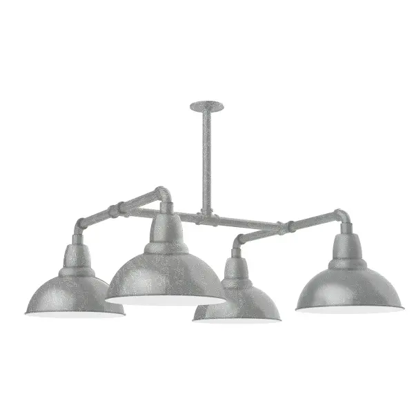 Maximize your light output with our 4-Light Multi-Light Stem Hung Pendants. Illuminate an outdoor or indoor kitchen island or dining table, this industrial look works well in both commercial and residential applications. Our Cafe shades will help transform your outdoor living area into a warm and intimate gathering space. Collection: Cafe Finish: Painted Galvanized Glass: 12 inch Cafe Notes: Option (4) A19 LED and 2-Integrated 8W, 10W Width: 35.00" Height: 8.50" Length: 35.00" Weight: 45.00 lb Extension from Wall: 35.00" Canopy: 4.125" diameter Number of Bulbs: 4 Maximum Wattage: 100.00 W Bulb Type: A19 Bulb Base: E26 Medium Light Source: Incandescent or LED equivalent Dimmable Voltage: 120.00 V Country of Origin: US Safety Listing: UL/cUL Safety Rating: Wet Dark Sky LED Manufacturer Warranty: 1-year limited warranty on the fixture.