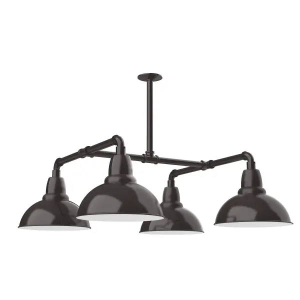 Maximize your light output with our 4-Light Multi-Light Stem Hung Pendants. Illuminate an outdoor or indoor kitchen island or dining table, this industrial look works well in both commercial and residential applications. Our Cafe shades will help transform your outdoor living area into a warm and intimate gathering space. Collection: Cafe Finish: Architectural Bronze Glass: 12 inch Cafe Notes: Option (4) A19 LED and 2-Integrated 8W, 10W Width: 35.00" Height: 8.50" Length: 35.00" Weight: 45.00 lb Extension from Wall: 35.00" Canopy: 4.125" diameter Number of Bulbs: 4 Maximum Wattage: 100.00 W Bulb Type: A19 Bulb Base: E26 Medium Light Source: Incandescent or LED equivalent Dimmable Voltage: 120.00 V Country of Origin: US Safety Listing: UL/cUL Safety Rating: Wet Dark Sky LED Manufacturer Warranty: 1-year limited warranty on the fixture.