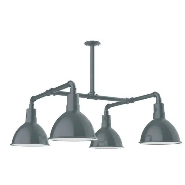 Maximize your light output with our 4-Light Multi-Light Stem Hung Pendants. Illuminate an outdoor or indoor kitchen island or dining table, this industrial look works well in both commercial and residential applications. Our Deep Bowl shade, the ultimate domed reflector, is classic in shape and offers great light output. Collection: Deep Bowl Finish: Slate Gray Glass: 10 inch Deep Bowl Notes: Option (4) A19 LED and 2-Integrated 8W, 10W Width: 10.00" Height: 40.00" Length: 33.00" Weight: 45.00 lb Extension from Wall: 33.00" Canopy: 4.125" diameter Number of Bulbs: 4 Maximum Wattage: 100.00 W Bulb Type: A19 Bulb Base: E26 Medium Light Source: Incandescent or LED equivalent Dimmable Voltage: 120.00 V Country of Origin: US Safety Listing: UL/cUL Safety Rating: Wet Dark Sky LED Manufacturer Warranty: 1-year limited warranty on the fixture.