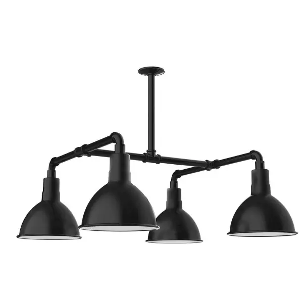Maximize your light output with our 4-Light Multi-Light Stem Hung Pendants. Illuminate an outdoor or indoor kitchen island or dining table, this industrial look works well in both commercial and residential applications. Our Deep Bowl shade, the ultimate domed reflector, is classic in shape and offers great light output. Collection: Deep Bowl Finish: Black Glass: 10 inch Deep Bowl Notes: Option (4) A19 LED and 2-Integrated 8W, 10W Width: 10.00" Height: 34.00" Length: 33.00" Weight: 45.00 lb Extension from Wall: 33.00" Canopy: 4.125" diameter Number of Bulbs: 4 Maximum Wattage: 100.00 W Bulb Type: A19 Bulb Base: E26 Medium Light Source: Incandescent or LED equivalent Dimmable Voltage: 120.00 V Country of Origin: US Safety Listing: UL/cUL Safety Rating: Wet Dark Sky LED Manufacturer Warranty: 1-year limited warranty on the fixture.