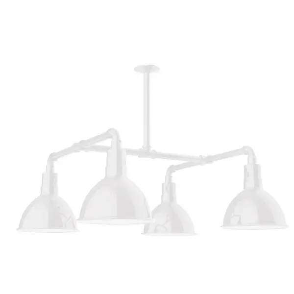 Maximize your light output with our 4-Light Multi-Light Stem Hung Pendants. Illuminate an outdoor or indoor kitchen island or dining table, this industrial look works well in both commercial and residential applications. Our Deep Bowl shade, the ultimate domed reflector, is classic in shape and offers great light output. Collection: Deep Bowl Finish: White Glass: 10 inch Deep Bowl Notes: Option (4) A19 LED and 2-Integrated 8W, 10W Width: 10.00" Height: 34.00" Length: 33.00" Weight: 45.00 lb Extension from Wall: 33.00" Canopy: 4.125" diameter Number of Bulbs: 4 Maximum Wattage: 100.00 W Bulb Type: A19 Bulb Base: E26 Medium Light Source: Incandescent or LED equivalent Dimmable Voltage: 120.00 V Country of Origin: US Safety Listing: UL/cUL Safety Rating: Wet Dark Sky LED Manufacturer Warranty: 1-year limited warranty on the fixture.