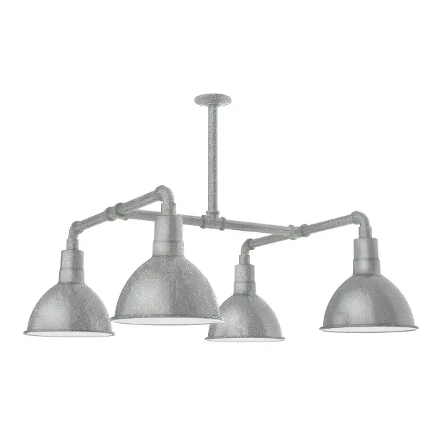 Maximize your light output with our 4-Light Multi-Light Stem Hung Pendants. Illuminate an outdoor or indoor kitchen island or dining table, this industrial look works well in both commercial and residential applications. Our Deep Bowl shade, the ultimate domed reflector, is classic in shape and offers great light output. Collection: Deep Bowl Finish: Painted Galvanized Glass: 10 inch Deep Bowl Notes: Option (4) A19 LED and 2-Integrated 8W, 10W Width: 10.00" Height: 46.00" Length: 33.00" Weight: 45.00 lb Extension from Wall: 33.00" Canopy: 4.125" diameter Number of Bulbs: 4 Maximum Wattage: 100.00 W Bulb Type: A19 Bulb Base: E26 Medium Light Source: Incandescent or LED equivalent Dimmable Voltage: 120.00 V Country of Origin: US Safety Listing: UL/cUL Safety Rating: Wet Dark Sky LED Manufacturer Warranty: 1-year limited warranty on the fixture.