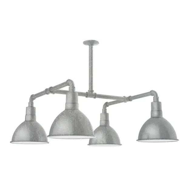 Maximize your light output with our 4-Light Multi-Light Stem Hung Pendants. Illuminate an outdoor or indoor kitchen island or dining table, this industrial look works well in both commercial and residential applications. Our Deep Bowl shade, the ultimate domed reflector, is classic in shape and offers great light output. Collection: Deep Bowl Finish: Painted Galvanized Glass: 10 inch Deep Bowl Width: 10.00" Height: 46.00" Length: 33.00" Weight: 45.00 lb Extension from Wall: 33.00" Canopy: 4.125" diameter Number of Bulbs: 4 Maximum Wattage: 10.00 W Light Source: LED Light Output: 800.00 lm Color Temperature: 2700 K CRI: 90 Dimmable Rated Average Life: 50,000 Voltage: 120.00 V Country of Origin: US Safety Listing: UL/cUL Safety Rating: Wet Dark Sky LED Manufacturer Warranty: 1-year limited warranty on the fixture.