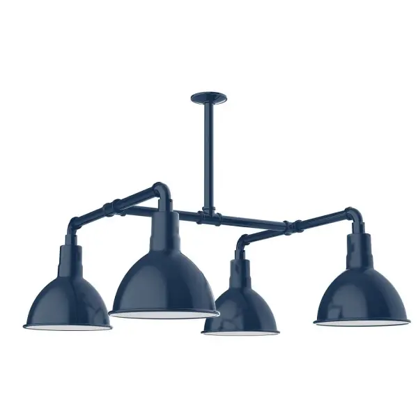 Maximize your light output with our 4-Light Multi-Light Stem Hung Pendants. Illuminate an outdoor or indoor kitchen island or dining table, this industrial look works well in both commercial and residential applications. Our Deep Bowl shade, the ultimate domed reflector, is classic in shape and offers great light output. Collection: Deep Bowl Finish: Navy Glass: 10 inch Deep Bowl Width: 10.00" Height: 34.00" Length: 33.00" Weight: 45.00 lb Extension from Wall: 33.00" Canopy: 4.125" diameter Number of Bulbs: 4 Maximum Wattage: 10.00 W Light Source: LED Light Output: 800.00 lm Color Temperature: 2700 K CRI: 90 Dimmable Rated Average Life: 50,000 Voltage: 120.00 V Country of Origin: US Safety Listing: UL/cUL Safety Rating: Wet Dark Sky LED Manufacturer Warranty: 1-year limited warranty on the fixture.
