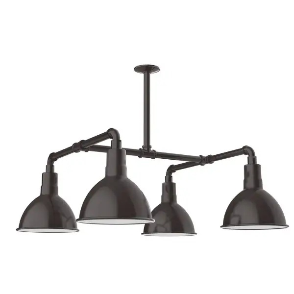 Maximize your light output with our 4-Light Multi-Light Stem Hung Pendants. Illuminate an outdoor or indoor kitchen island or dining table, this industrial look works well in both commercial and residential applications. Our Deep Bowl shade, the ultimate domed reflector, is classic in shape and offers great light output. Collection: Deep Bowl Finish: Architectural Bronze Glass: 10 inch Deep Bowl Notes: Option (4) A19 LED and 2-Integrated 8W, 10W Width: 10.00" Height: 46.00" Length: 33.00" Weight: 45.00 lb Extension from Wall: 33.00" Canopy: 4.125" diameter Number of Bulbs: 4 Maximum Wattage: 100.00 W Bulb Type: A19 Bulb Base: E26 Medium Light Source: Incandescent or LED equivalent Dimmable Voltage: 120.00 V Country of Origin: US Safety Listing: UL/cUL Safety Rating: Wet Dark Sky LED Manufacturer Warranty: 1-year limited warranty on the fixture.
