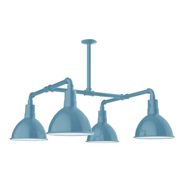 Maximize your light output with our 4-Light Multi-Light Stem Hung Pendants. Illuminate an outdoor or indoor kitchen island or dining table, this industrial look works well in both commercial and residential applications. Our Deep Bowl shade, the ultimate domed reflector, is classic in shape and offers great light output. Collection: Deep Bowl Finish: Light Blue Glass: 10 inch Deep Bowl Notes: Option (4) A19 LED and 2-Integrated 8W, 10W Width: 10.00" Height: 46.00" Length: 33.00" Weight: 45.00 lb Extension from Wall: 33.00" Canopy: 4.125" diameter Number of Bulbs: 4 Maximum Wattage: 100.00 W Bulb Type: A19 Bulb Base: E26 Medium Light Source: Incandescent or LED equivalent Dimmable Voltage: 120.00 V Country of Origin: US Safety Listing: UL/cUL Safety Rating: Wet Dark Sky LED Manufacturer Warranty: 1-year limited warranty on the fixture.