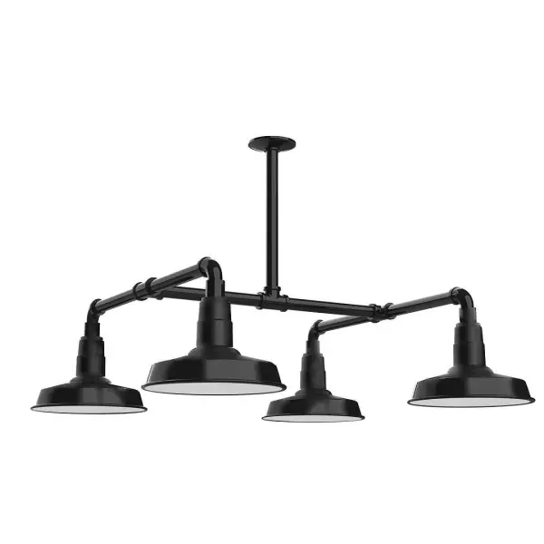 Maximize your light output with our 4-Light Multi-Light Stem Hung Pendants. Illuminate an outdoor or indoor kitchen island or dining table, this industrial look works well in both commercial and residential applications. Collection: Warehouse Finish: Black Glass: 10 inch Warehouse Notes: Option (4) A19 LED and 2-Integrated 8W, 10W Width: 33.00" Height: 30.50" Length: 33.00" Weight: 45.00 lb Extension from Wall: 33.00" Canopy: 4.125" diameter Number of Bulbs: 4 Maximum Wattage: 100.00 W Bulb Type: A19 Bulb Base: E26 Medium Light Source: Incandescent or LED equivalent Dimmable Voltage: 120.00 V Country of Origin: US Safety Listing: UL/cUL Safety Rating: Wet Dark Sky LED Manufacturer Warranty: 1-year limited warranty on the fixture.