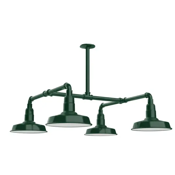 Maximize your light output with our 4-Light Multi-Light Stem Hung Pendants. Illuminate an outdoor or indoor kitchen island or dining table, this industrial look works well in both commercial and residential applications. Collection: Warehouse Finish: Forest Green Glass: 10 inch Warehouse Notes: Option (4) A19 LED and 2-Integrated 8W, 10W Width: 33.00" Height: 30.50" Length: 33.00" Weight: 45.00 lb Extension from Wall: 33.00" Canopy: 4.125" diameter Number of Bulbs: 4 Maximum Wattage: 100.00 W Bulb Type: A19 Bulb Base: E26 Medium Light Source: Incandescent or LED equivalent Dimmable Voltage: 120.00 V Country of Origin: US Safety Listing: UL/cUL Safety Rating: Wet Dark Sky LED Manufacturer Warranty: 1-year limited warranty on the fixture.
