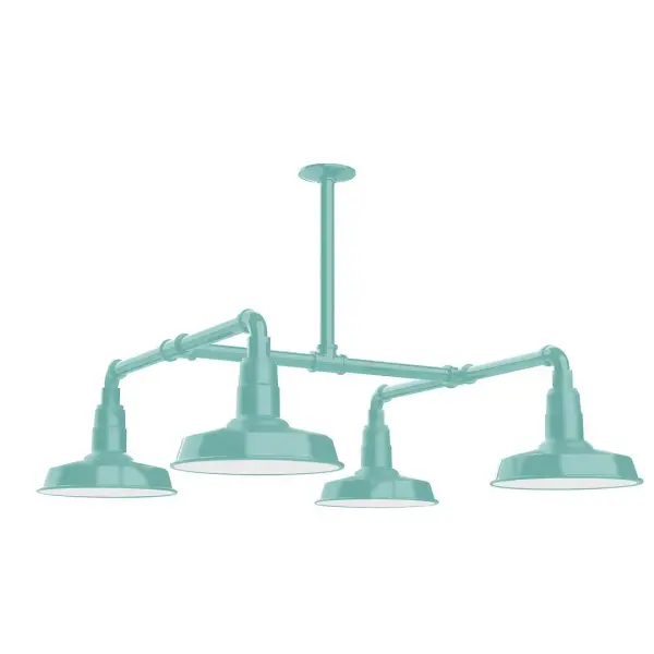 Maximize your light output with our 4-Light Multi-Light Stem Hung Pendants. Illuminate an outdoor or indoor kitchen island or dining table, this industrial look works well in both commercial and residential applications. Collection: Warehouse Finish: Sea Green Glass: 10 inch Warehouse Notes: Option (4) A19 LED and 2-Integrated 8W, 10W Width: 33.00" Height: 30.50" Length: 33.00" Weight: 45.00 lb Extension from Wall: 33.00" Canopy: 4.125" diameter Number of Bulbs: 4 Maximum Wattage: 100.00 W Bulb Type: A19 Bulb Base: E26 Medium Light Source: Incandescent or LED equivalent Dimmable Voltage: 120.00 V Country of Origin: US Safety Listing: UL/cUL Safety Rating: Wet Dark Sky LED Manufacturer Warranty: 1-year limited warranty on the fixture.