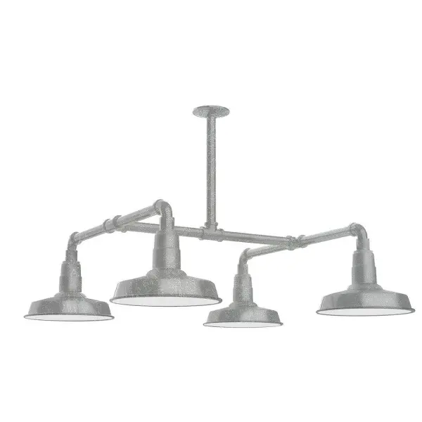 Maximize your light output with our 4-Light Multi-Light Stem Hung Pendants. Illuminate an outdoor or indoor kitchen island or dining table, this industrial look works well in both commercial and residential applications. Collection: Warehouse Finish: Painted Galvanized Glass: 10 inch Warehouse Notes: Option (4) A19 LED and 2-Integrated 8W, 10W Width: 33.00" Height: 30.50" Length: 33.00" Weight: 45.00 lb Extension from Wall: 33.00" Canopy: 4.125" diameter Number of Bulbs: 4 Maximum Wattage: 100.00 W Bulb Type: A19 Bulb Base: E26 Medium Light Source: Incandescent or LED equivalent Dimmable Voltage: 120.00 V Country of Origin: US Safety Listing: UL/cUL Safety Rating: Wet Dark Sky LED Manufacturer Warranty: 1-year limited warranty on the fixture.