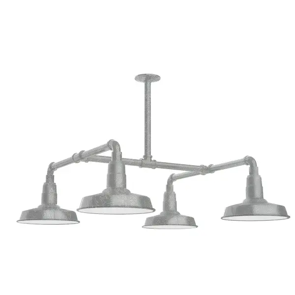 Maximize your light output with our 4-Light Multi-Light Stem Hung Pendants. Illuminate an outdoor or indoor kitchen island or dining table, this industrial look works well in both commercial and residential applications. Collection: Warehouse Finish: Painted Galvanized Glass: 10 inch Warehouse Notes: Option (4) A19 LED and 2-Integrated 8W, 10W Width: 33.00" Height: 30.50" Length: 33.00" Weight: 45.00 lb Extension from Wall: 33.00" Canopy: 4.125" diameter Number of Bulbs: 4 Maximum Wattage: 100.00 W Bulb Type: A19 Bulb Base: E26 Medium Light Source: Incandescent or LED equivalent Dimmable Voltage: 120.00 V Country of Origin: US Safety Listing: UL/cUL Safety Rating: Wet Dark Sky LED Manufacturer Warranty: 1-year limited warranty on the fixture.