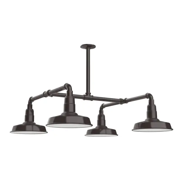 Maximize your light output with our 4-Light Multi-Light Stem Hung Pendants. Illuminate an outdoor or indoor kitchen island or dining table, this industrial look works well in both commercial and residential applications. Collection: Warehouse Finish: Architectural Bronze Glass: 10 inch Warehouse Width: 33.00" Height: 30.50" Length: 33.00" Weight: 45.00 lb Extension from Wall: 33.00" Canopy: 4.125" diameter Number of Bulbs: 4 Maximum Wattage: 10.00 W Light Source: LED Light Output: 800.00 lm Color Temperature: 3000 K CRI: 90 Dimmable Rated Average Life: 50,000 Voltage: 120.00 V Country of Origin: US Safety Listing: UL/cUL Safety Rating: Wet Dark Sky LED Manufacturer Warranty: 1-year limited warranty on the fixture.