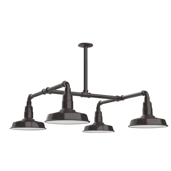 Maximize your light output with our 4-Light Multi-Light Stem Hung Pendants. Illuminate an outdoor or indoor kitchen island or dining table, this industrial look works well in both commercial and residential applications. Collection: Warehouse Finish: Architectural Bronze Glass: 10 inch Warehouse Notes: Option (4) A19 LED and 2-Integrated 8W, 10W Width: 33.00" Height: 30.50" Length: 33.00" Weight: 45.00 lb Extension from Wall: 33.00" Canopy: 4.125" diameter Number of Bulbs: 4 Maximum Wattage: 100.00 W Bulb Type: A19 Bulb Base: E26 Medium Light Source: Incandescent or LED equivalent Dimmable Voltage: 120.00 V Country of Origin: US Safety Listing: UL/cUL Safety Rating: Wet Dark Sky LED Manufacturer Warranty: 1-year limited warranty on the fixture.