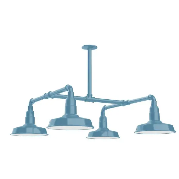 Maximize your light output with our 4-Light Multi-Light Stem Hung Pendants. Illuminate an outdoor or indoor kitchen island or dining table, this industrial look works well in both commercial and residential applications. Collection: Warehouse Finish: Light Blue Glass: 10 inch Warehouse Width: 33.00" Height: 30.50" Length: 33.00" Weight: 45.00 lb Extension from Wall: 33.00" Canopy: 4.125" diameter Number of Bulbs: 4 Maximum Wattage: 10.00 W Light Source: LED Light Output: 800.00 lm Color Temperature: 3000 K CRI: 90 Dimmable Rated Average Life: 50,000 Voltage: 120.00 V Country of Origin: US Safety Listing: UL/cUL Safety Rating: Wet Dark Sky LED Manufacturer Warranty: 1-year limited warranty on the fixture.