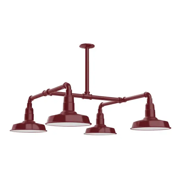Maximize your light output with our 4-Light Multi-Light Stem Hung Pendants. Illuminate an outdoor or indoor kitchen island or dining table, this industrial look works well in both commercial and residential applications. Collection: Warehouse Finish: Barn Red Glass: 10 inch Warehouse Width: 33.00" Height: 30.50" Length: 33.00" Weight: 45.00 lb Extension from Wall: 33.00" Canopy: 4.125" diameter Number of Bulbs: 4 Maximum Wattage: 10.00 W Light Source: LED Light Output: 800.00 lm Color Temperature: 3000 K CRI: 90 Dimmable Rated Average Life: 50,000 Voltage: 120.00 V Country of Origin: US Safety Listing: UL/cUL Safety Rating: Wet Dark Sky LED Manufacturer Warranty: 1-year limited warranty on the fixture.